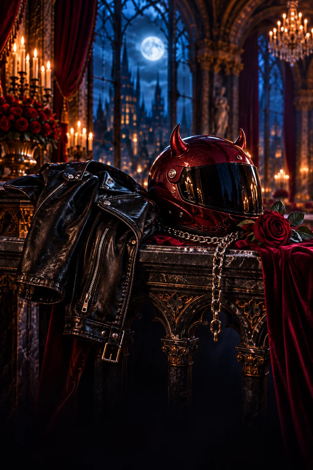 A crimson horned helmet and black leather jacket outside the masquerade