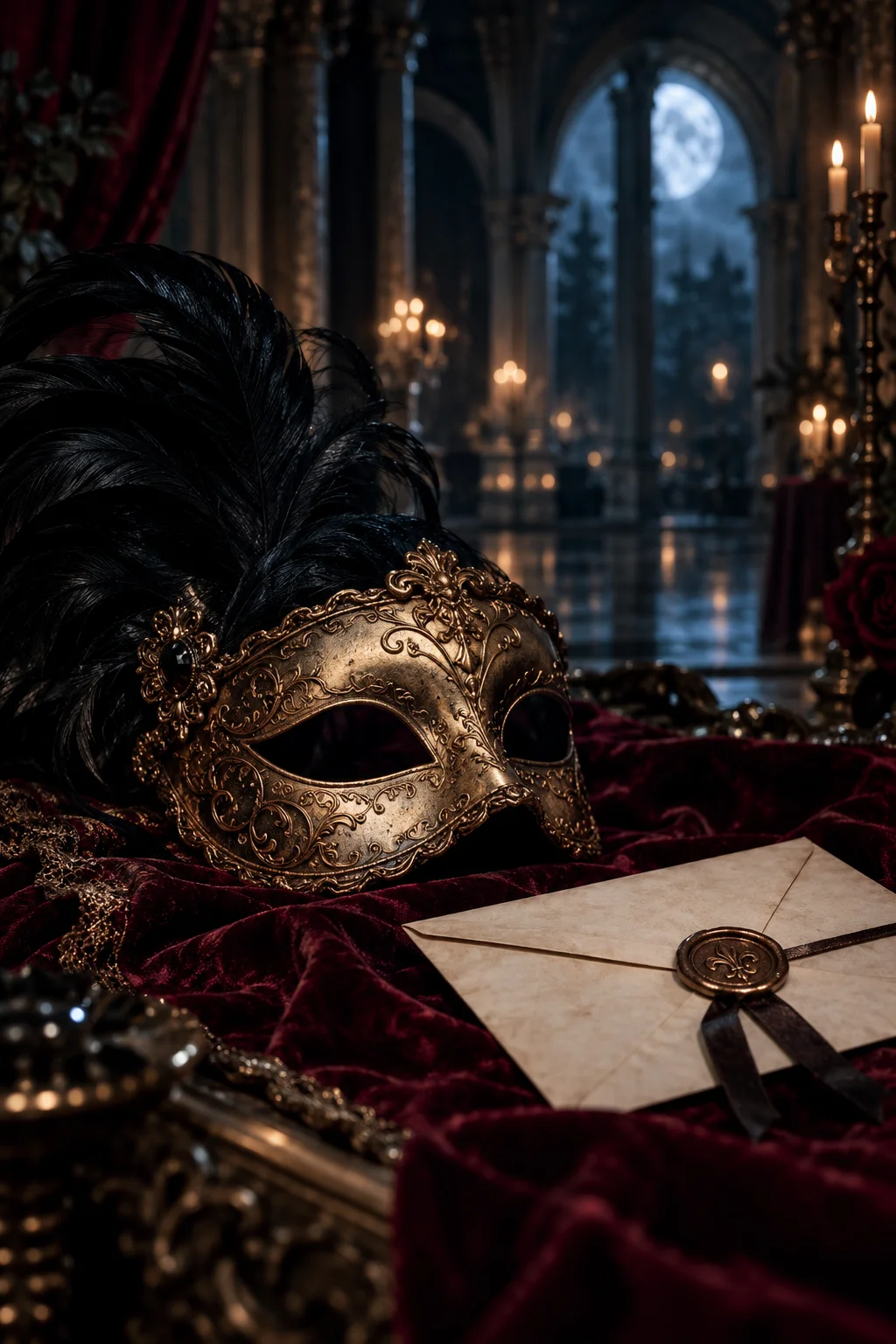 An antique gold masquerade mask on burgundy velvet